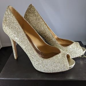 Gold glitter Badgley Mischka peep platform pumps